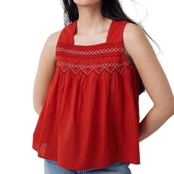 Madewell Smocked Red Babydoll Swing Top Medium - Picture 3 of 3